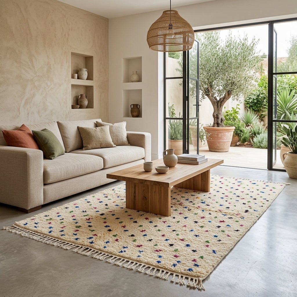 Tapis Boucherouite Crème & Pois Multicolores | Yamiriam - YaMiriam