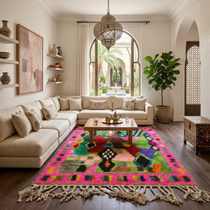 Tapis Boucherouite - Fond Vert & Bordure Rose Multicolore | Yamiriam - YaMiriam