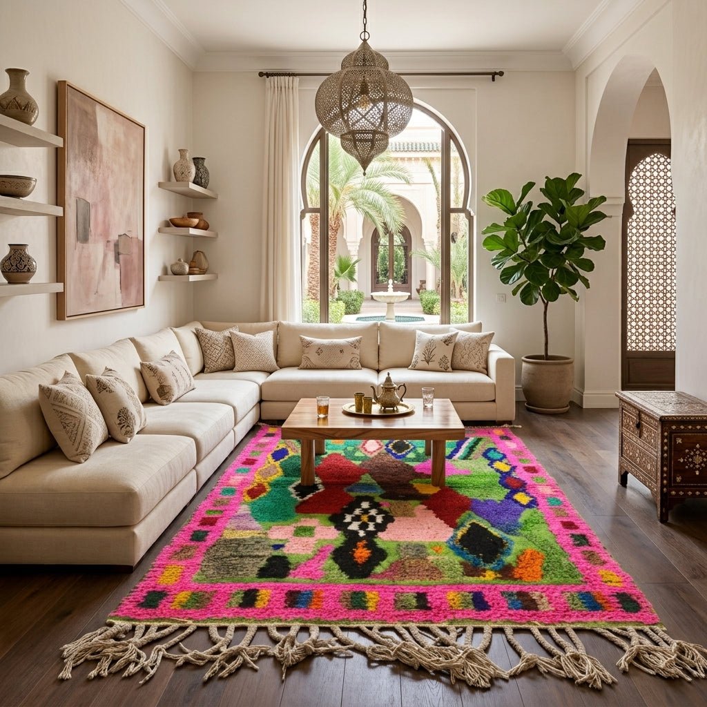Tapis Boucherouite - Fond Vert & Bordure Rose Multicolore | Yamiriam - YaMiriam