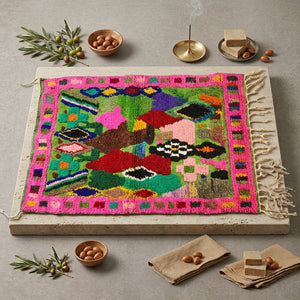 Tapis Boucherouite - Fond Vert & Bordure Rose Multicolore | Yamiriam - YaMiriam