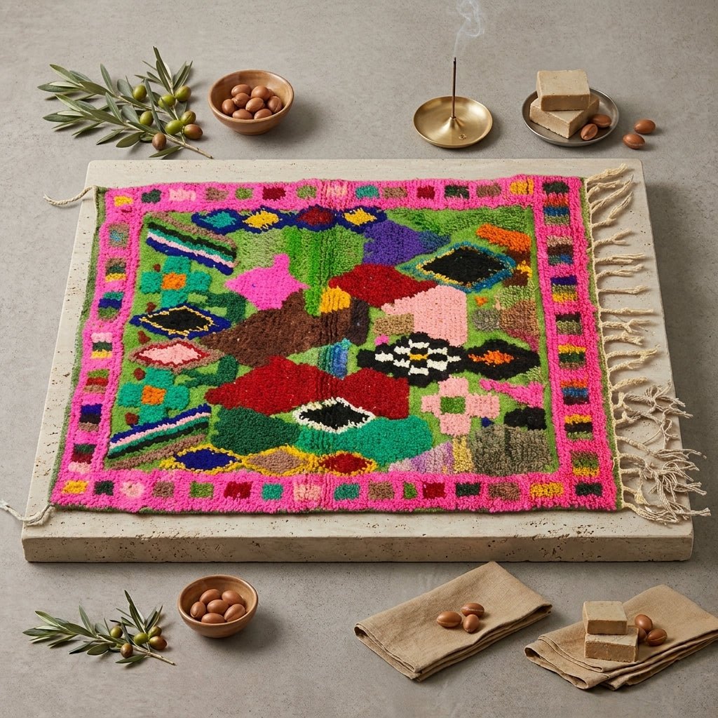 Tapis Boucherouite - Fond Vert & Bordure Rose Multicolore | Yamiriam - YaMiriam