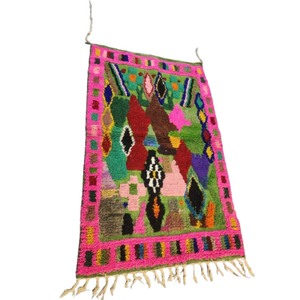 Tapis Boucherouite - Fond Vert & Bordure Rose Multicolore | Yamiriam - YaMiriam