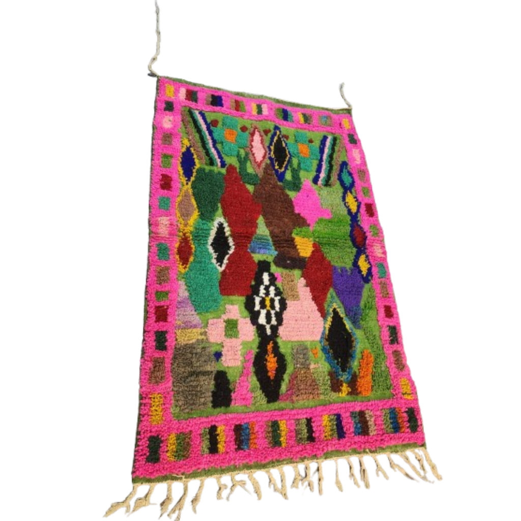 Tapis Boucherouite - Fond Vert & Bordure Rose Multicolore | Yamiriam - YaMiriam