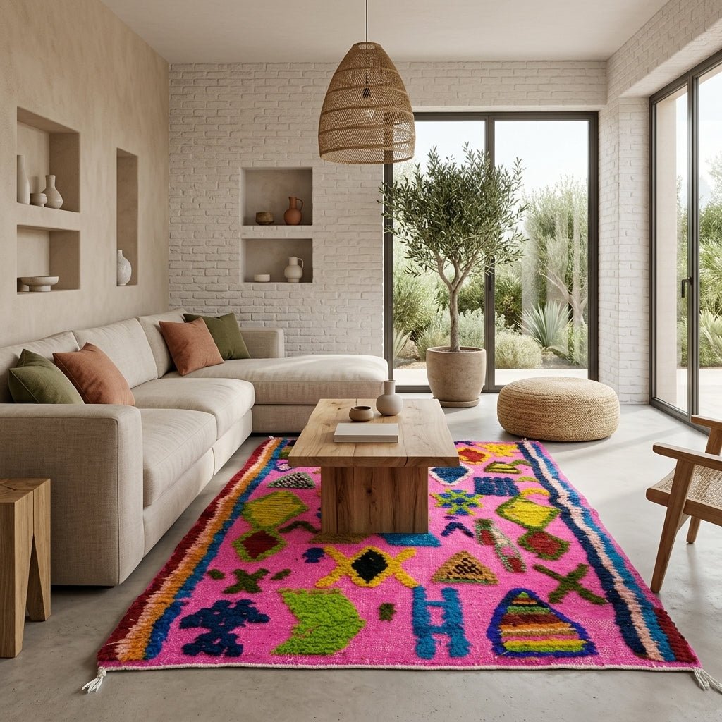Tapis Boujad Azilal Rose Bonbon & Motifs Berbères | Yamiriam - YaMiriam