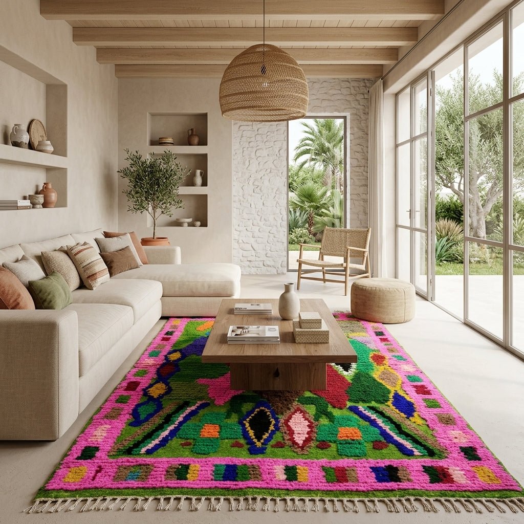 Tapis Boujad Boucherouite Vert & Rose Vif | Yamiriam - YaMiriam