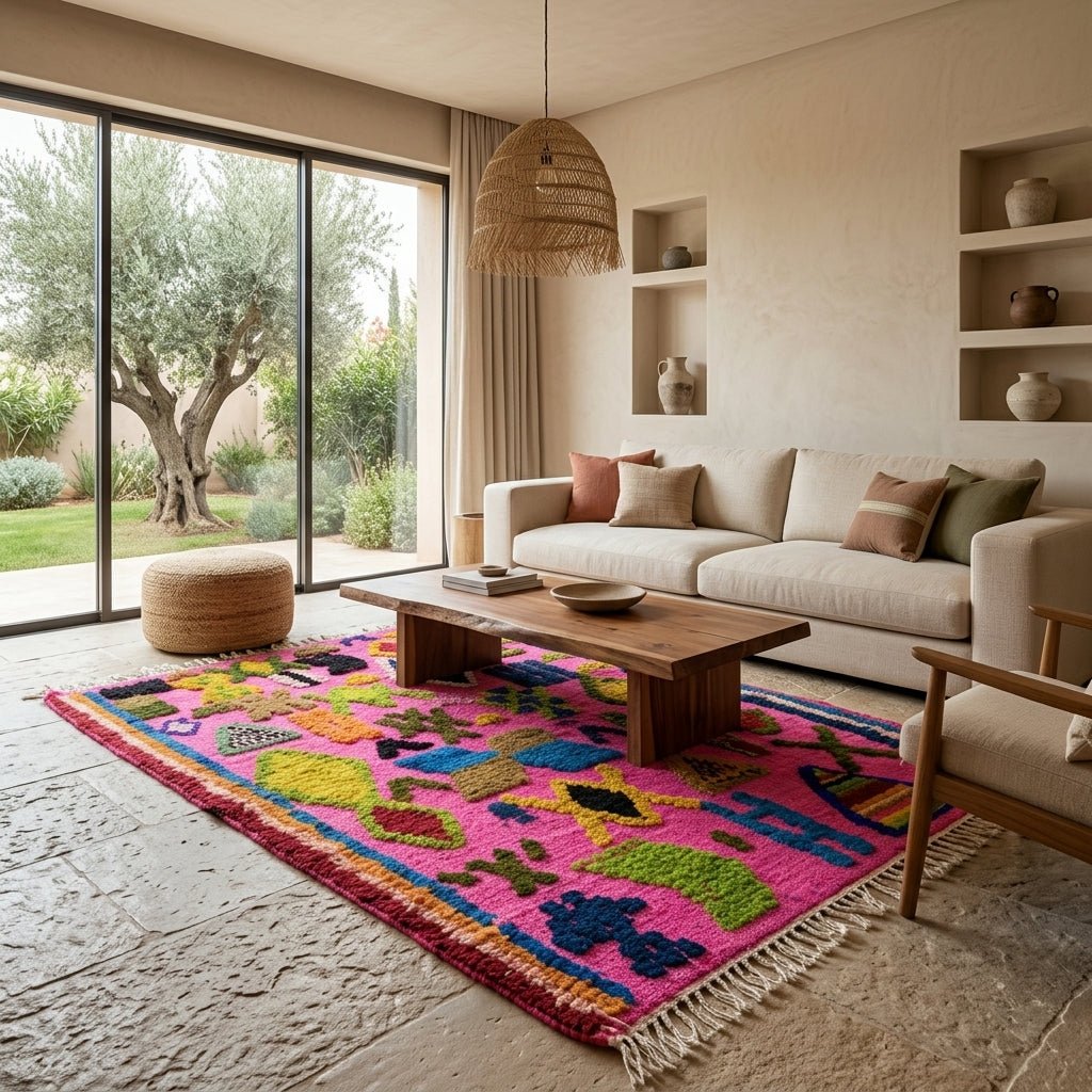 Tapis Boujad Rose & Symboles Multicolores | Yamiriam - YaMiriam