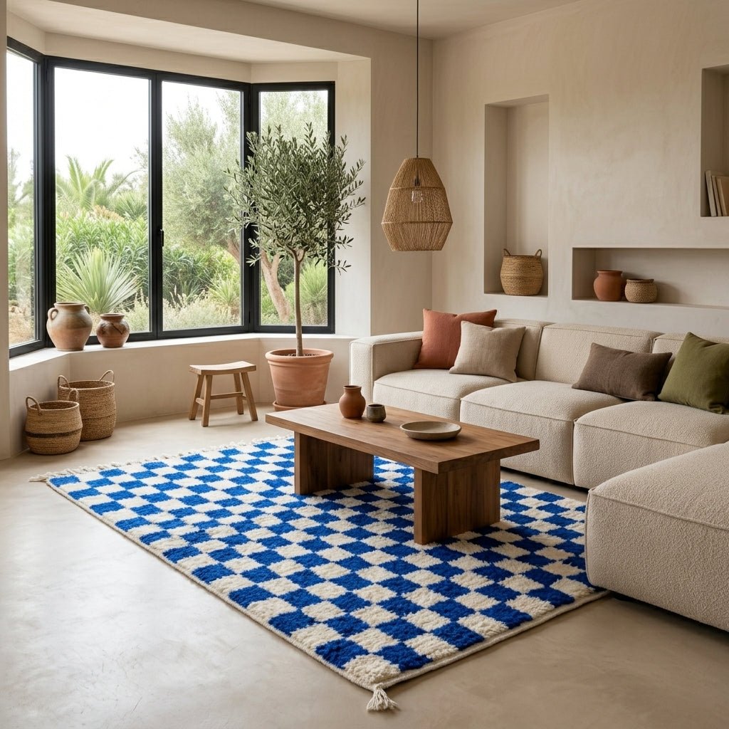 Tapis Checkered Damier Bleu et Blanc | Yamiriam - YaMiriam