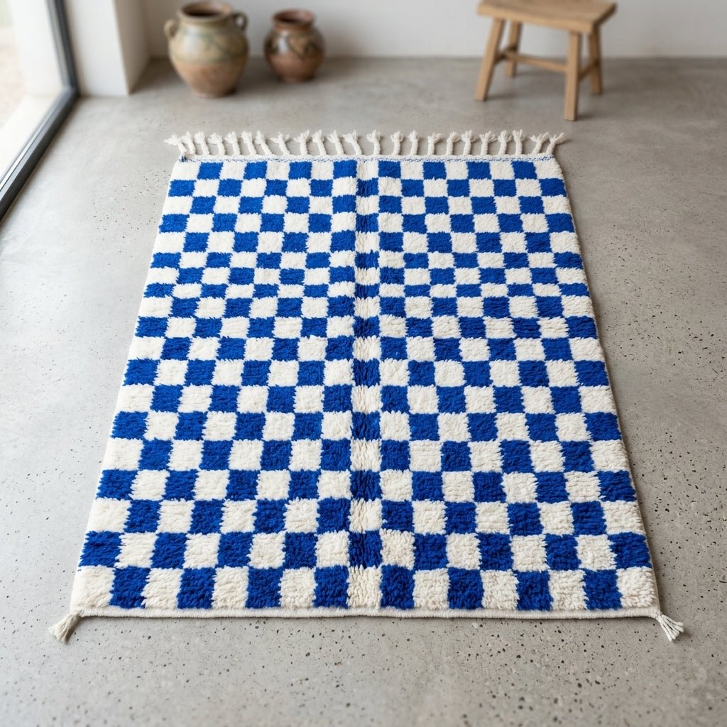 Tapis Checkered Damier Bleu et Blanc | Yamiriam - YaMiriam